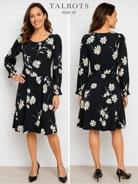 Talbots Black Floral Daisy Print Long Sleeve Dress Size 6P Petite